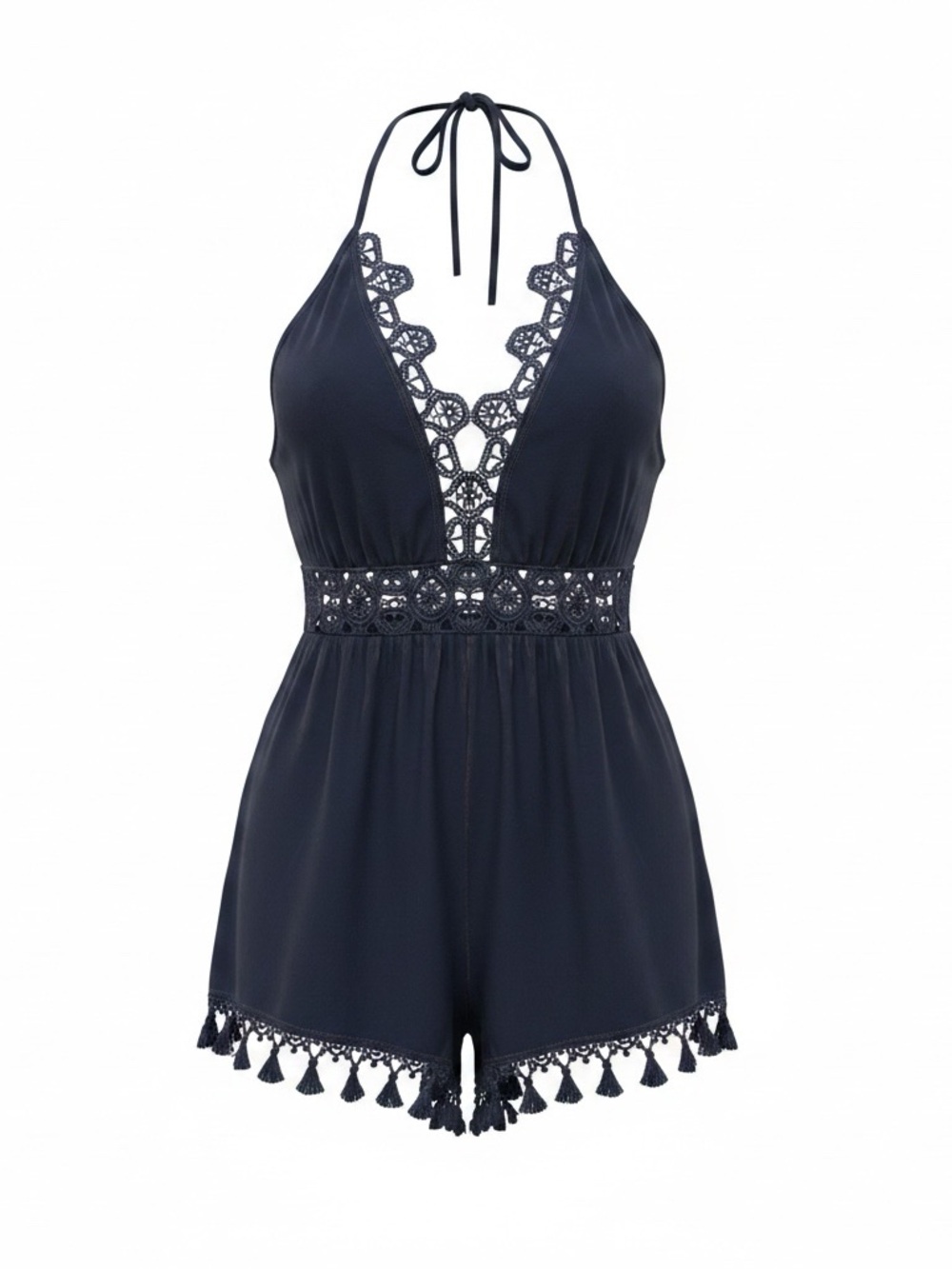 L'ATISTE Navy Crochet-Trim Halter Romper